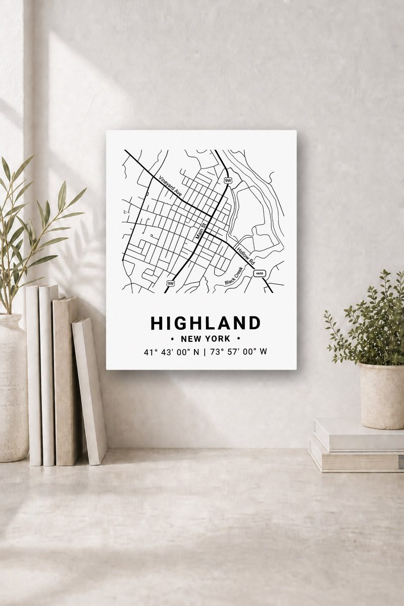 Highland map panel, black ink on white aluminum