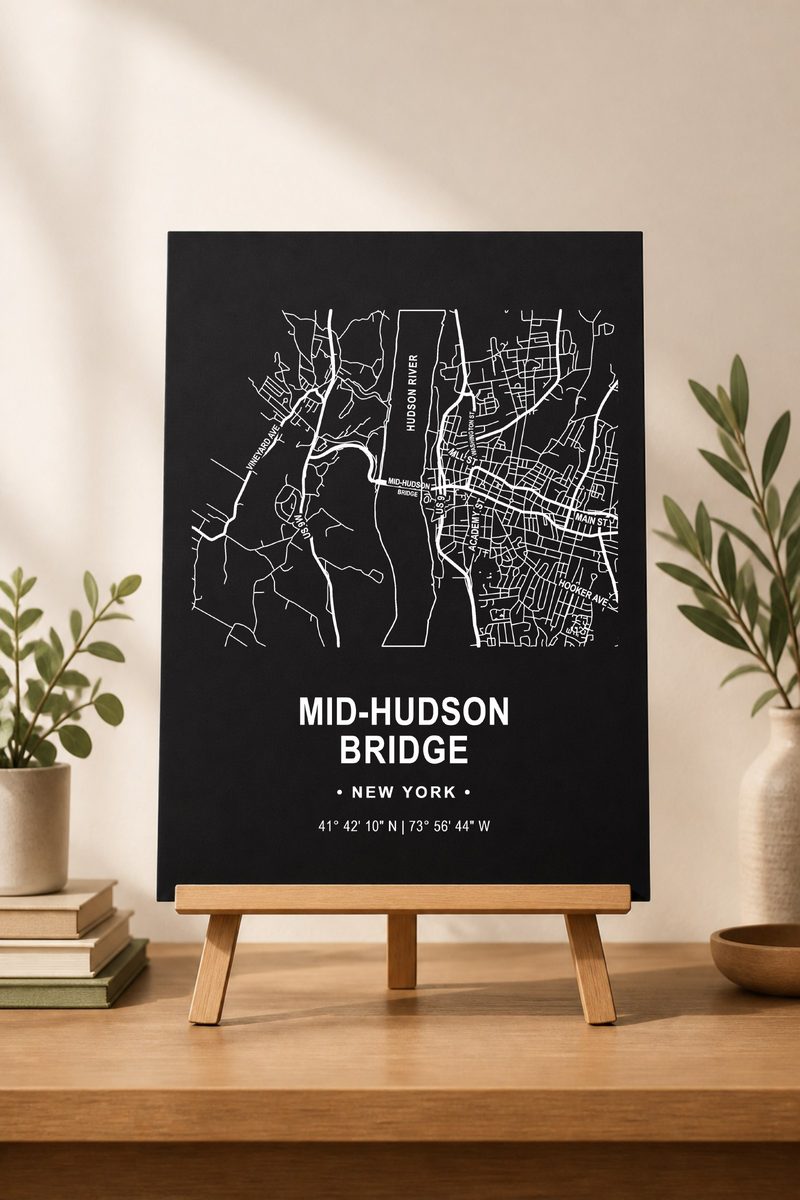 Mid-Hudson Bridge map panel on easel, white ink on black aluminum