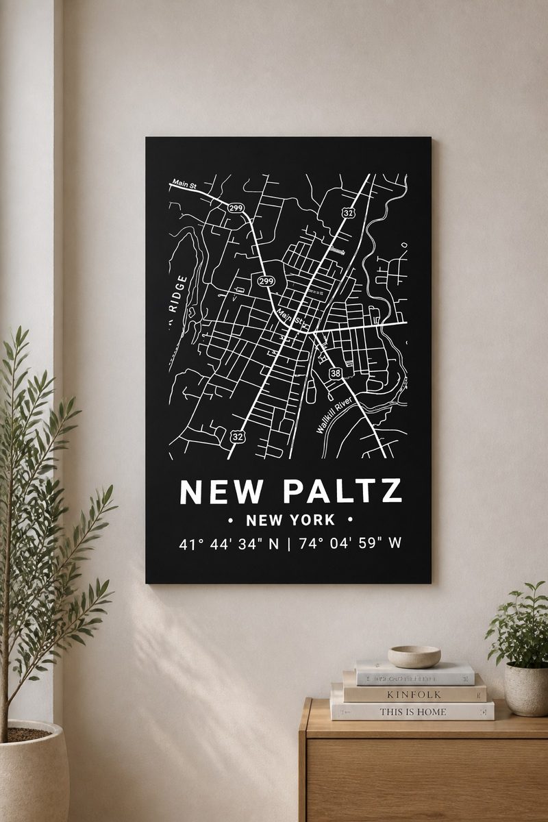 New Paltz map panel, white ink on black aluminum