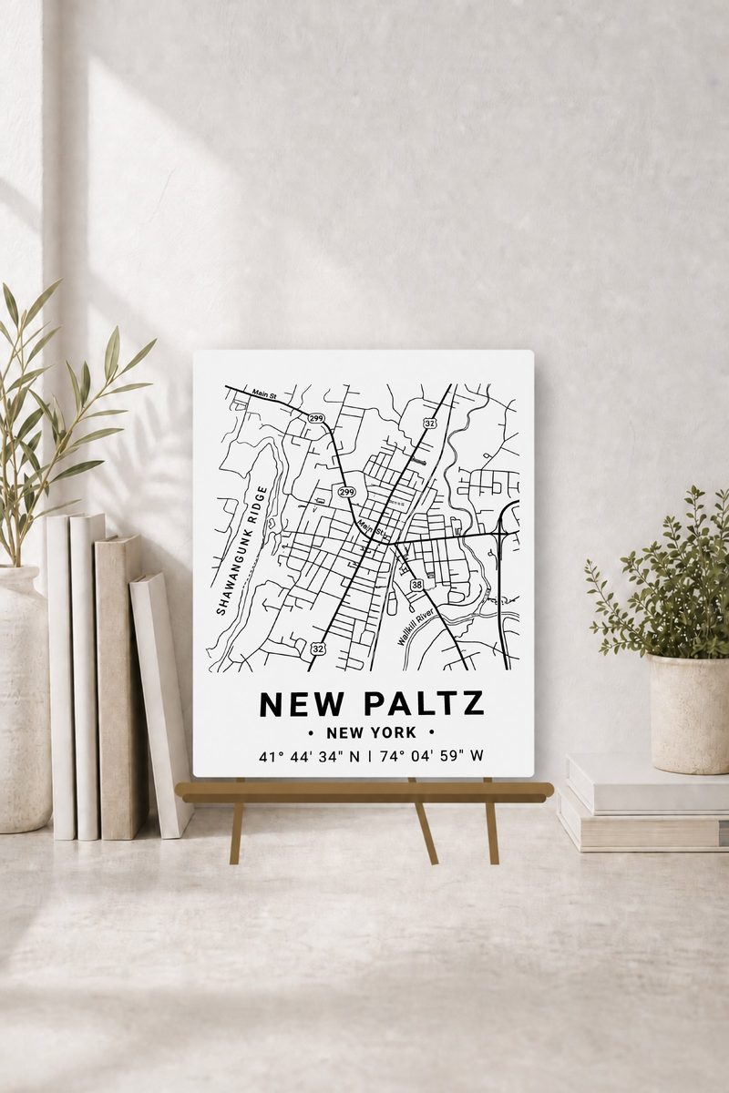 New Paltz map panel on easel, black ink on white aluminum