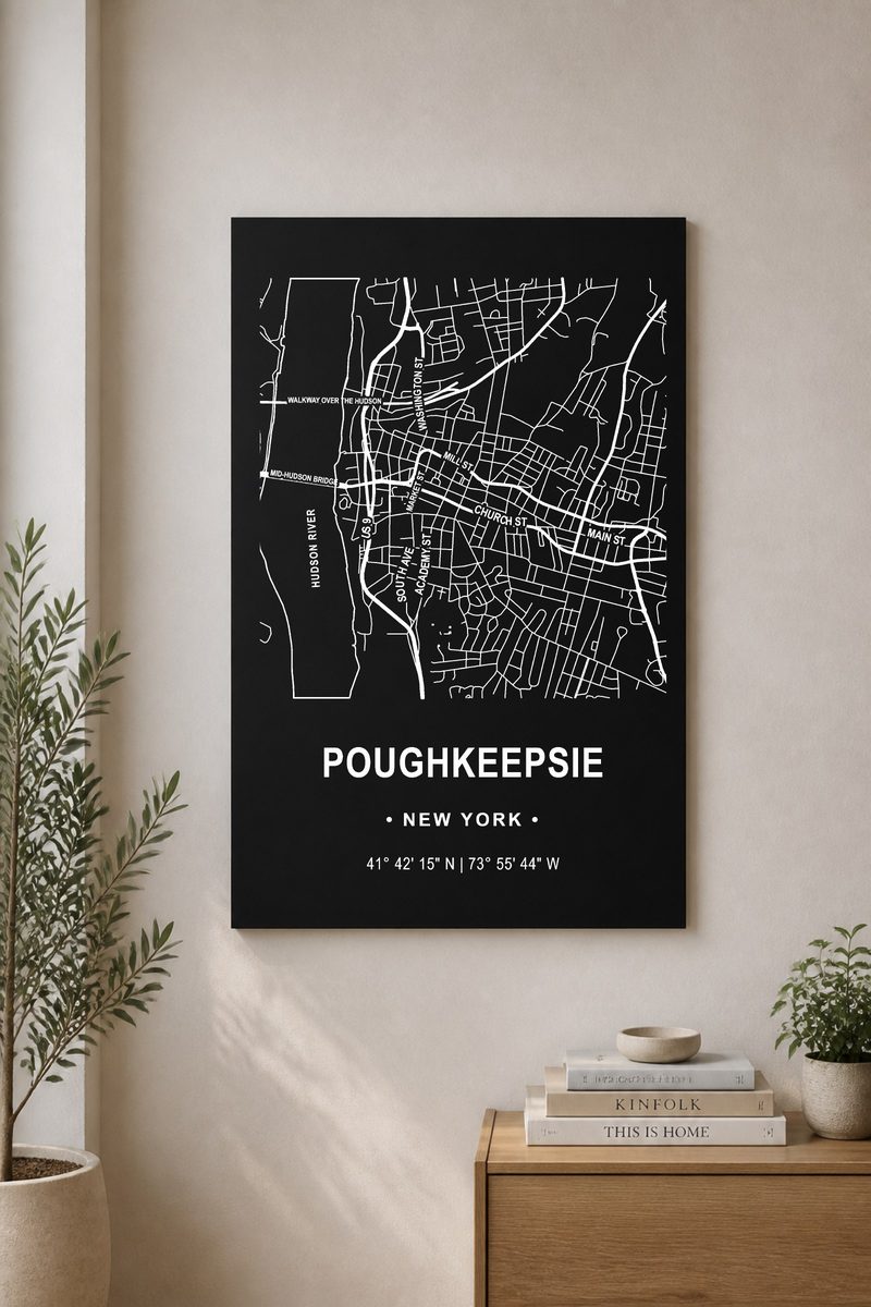 Poughkeepsie map panel, white ink on black aluminum