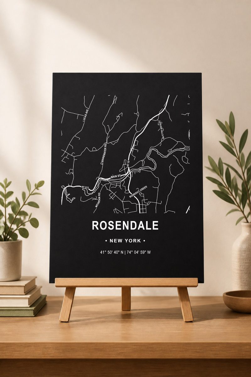 Rosendale map panel on easel, white ink on black aluminum