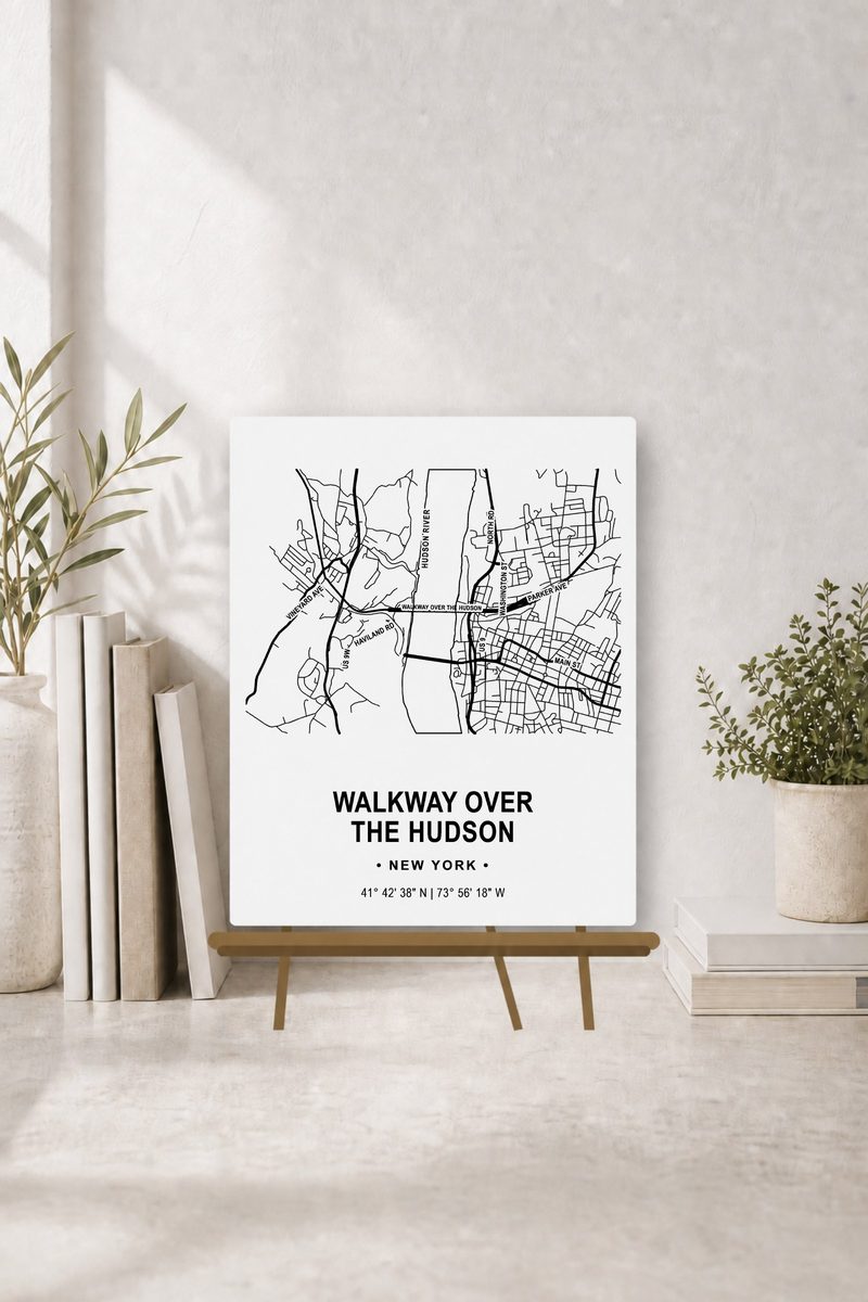 Walkway Over the Hudson map panel on easel, black ink on white aluminum