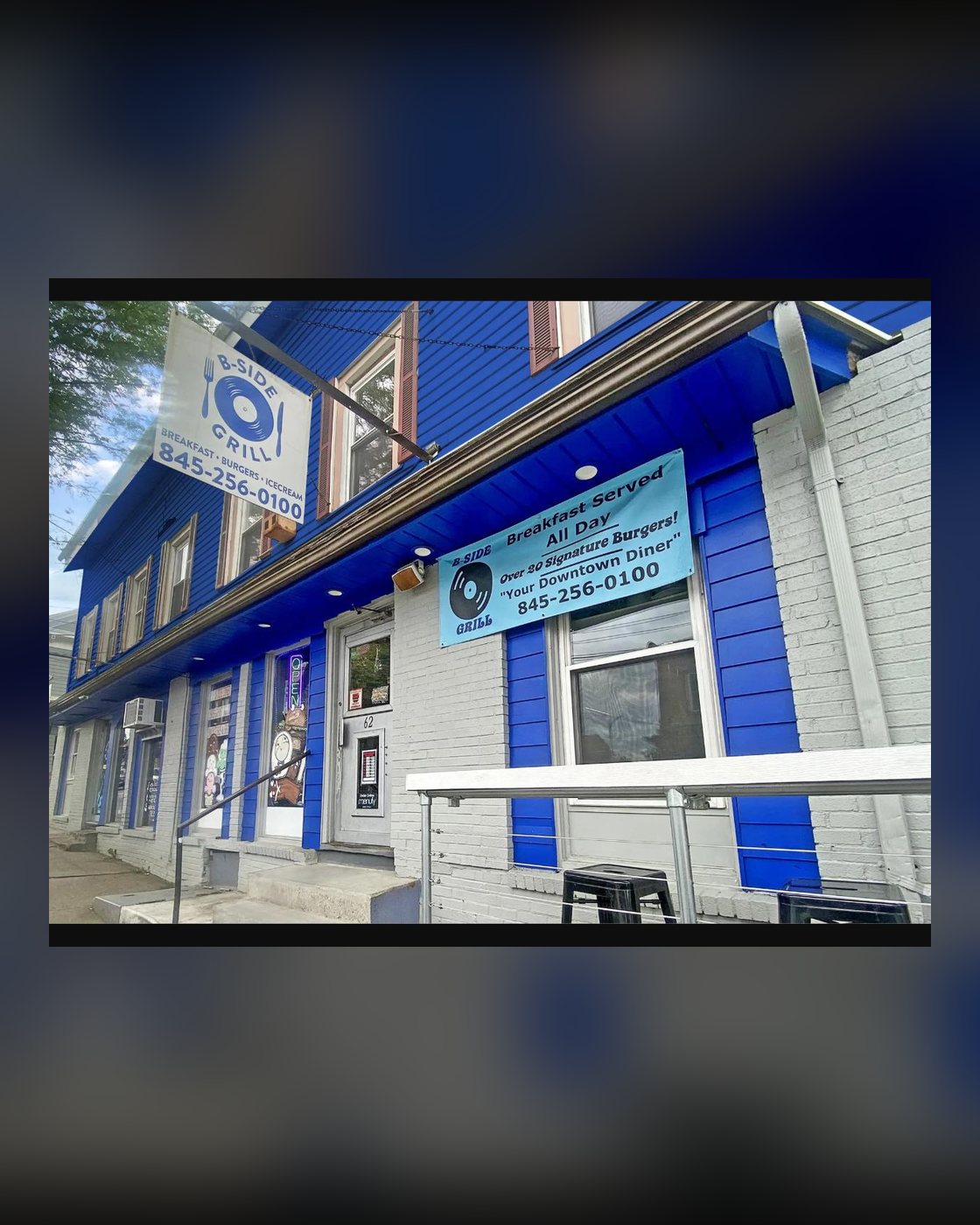 The blue front of B-Side Grill on Main Street in New Paltz