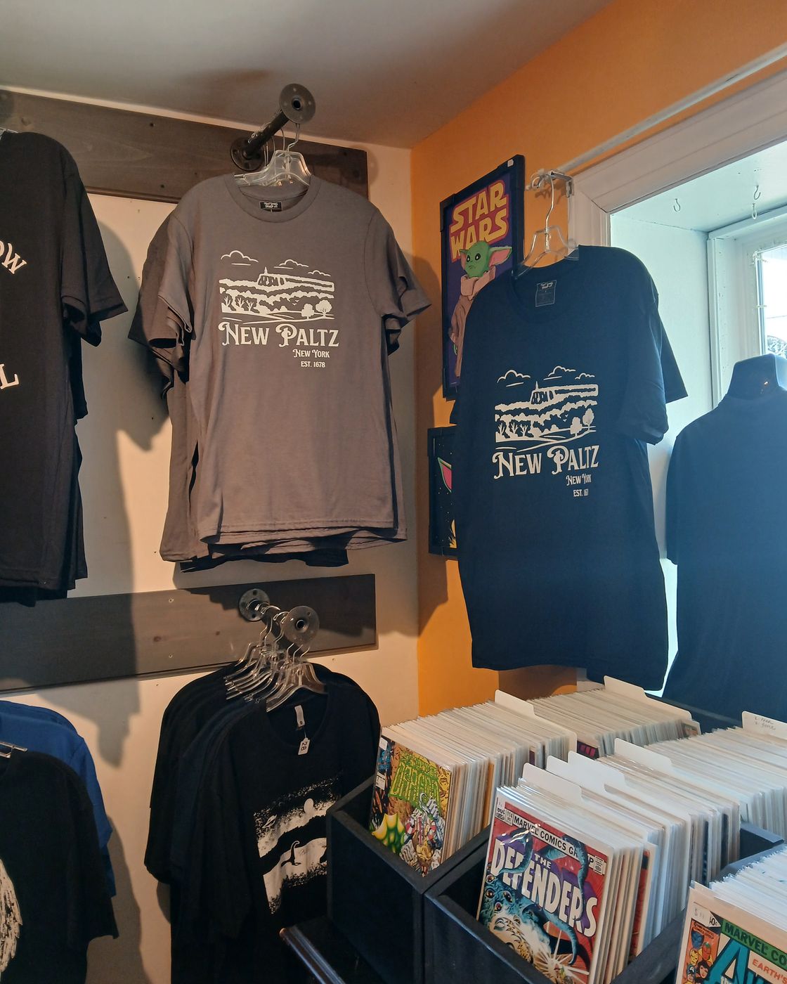 That Dawg New Paltz tees hanging above the comic bins at Isabella's Treasures