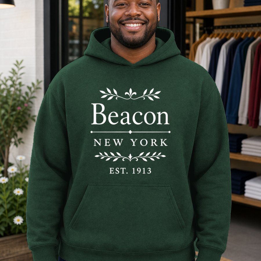 Beacon New York typography design on a hoodie