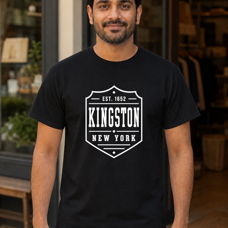 Kingston New York typography design on a crew tee