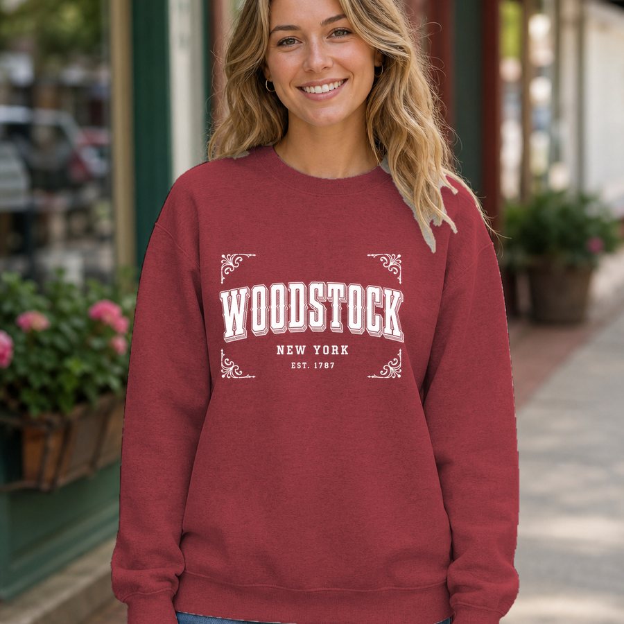 Woodstock New York typography design on a crewneck